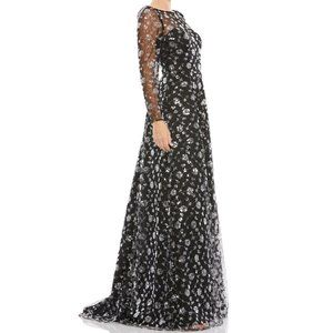 NWT MAC DUGGAL SEQUIN ILLUSION‎ V BACK LONG SLEEVE GOWN BLACK SILVER 12 12360